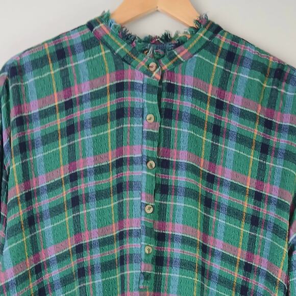 Anthropologie Pilcro SZ S Cropped Puff-Sleeve Soft Crinkle Plaid Blouse - Picture 3 of 5